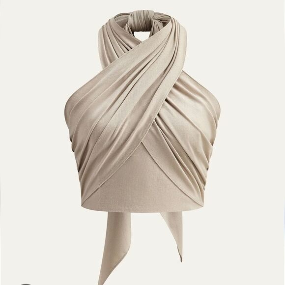 Commense Tops - Commense Cotton And Linen Crisscross Halter Tank Top In Khaki Size Xs